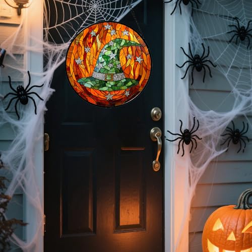Image of Stained Glass Window Hanging - Halloween Decorations Witch Hat Suncatcher for Doors Garden Indoor Spooky Funny Green Sun Catchers Gothic Decor Horror Gifts for Women Men Friend 7.8 in