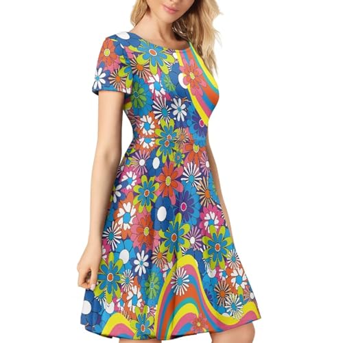 Image of POLERO Sunflower Dress for Women Floral Summer Dresses Short Sleeve Casual Sundresses Midi Dresses
