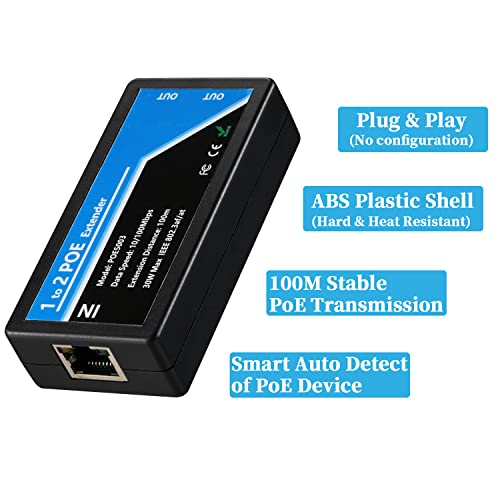 Image of Revotech 2 Port POE Extender POE+ Repeater 100 Meters(328 ft) Extender 1 in 2 Out Comply IEEE 802.3af /at Standard 10,100Mbps for Security POE Camera Over Cat5 /Cat6 or UTP Cables(POE5003)