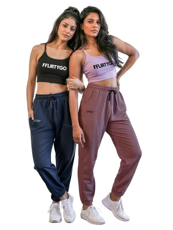 Image of Fflirtygo Cotton Solid Joggers /Track Pant /Solid Pajama /Leggings �100% Export Quality Soft Cotton Night Wear /Pocket Pyjama for Women Combo Pack of 2Pcs, Blue and Grey