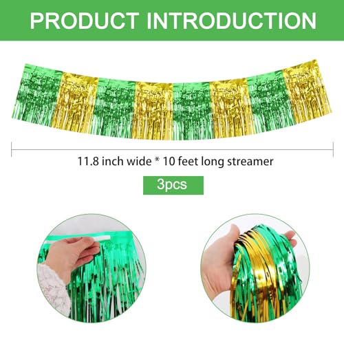 Image of BEISHIDA 3 Packs Metallic Foil Fringe Garland Green Gold Wall Hanging Tinsel Fringe Banners for Car Floats Bridal Shower Wedding Birthday Graduation Holiday Party Decoration(30 Feet)