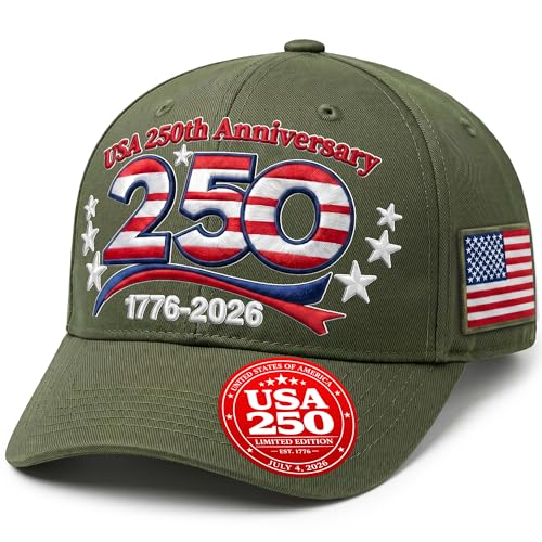 USA 250th Anniversary Hat for Men Women | America 250 Army Green Baseball Cap Embroidered 1776-2026 Patriotic Cap | 6-Panel Washed Cotton Adjustable Baseball Hat 250 Anniversary USA Tribute