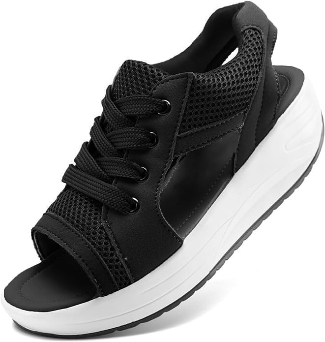 Open Toe Tennis Shoes, Contrast Paneled Cutout Lace-Up Muffin Sandals, Women Causal Summer Toe Platform Sneaker Sandals