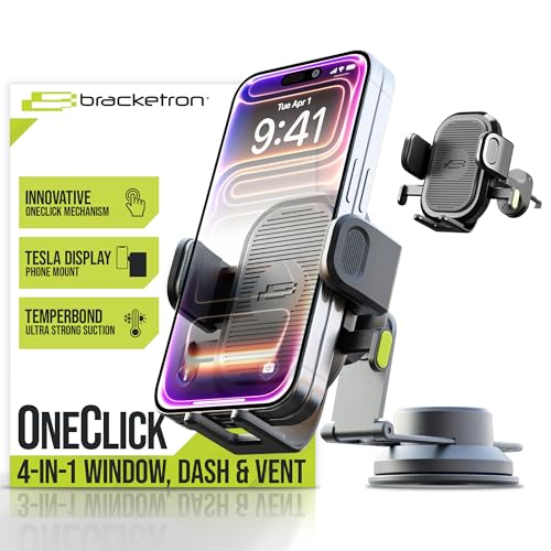 Bracketron OneClick 4-in-1 Car Phone Mount for Tesla Model 3, Y, S, X, Juniper - Dashboard, Windshield, Vent & Screen Holder Accessories - Fits All Large Smartphones, Magsafe Cases, Hands-Free GPS