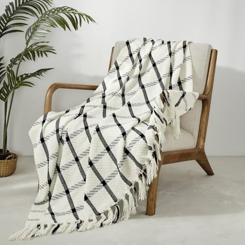 Image of CREVENT 50 inchX60 inch Farmhouse Breathable Soft and Warm Chenille Plaid Throw Blanket for Sofa Couch Bed, Home Decoration Throw with Tassles (Black & White)