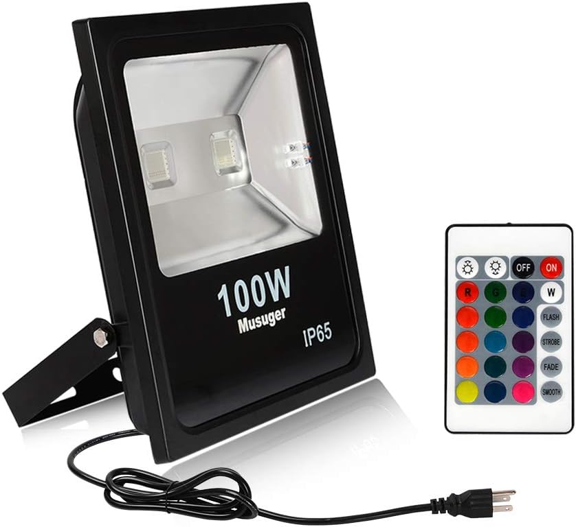 100W RGB LED Flood Light with Remote Control, 16 Colors & 4 Modes, Waterproof Outdoor Security Lights