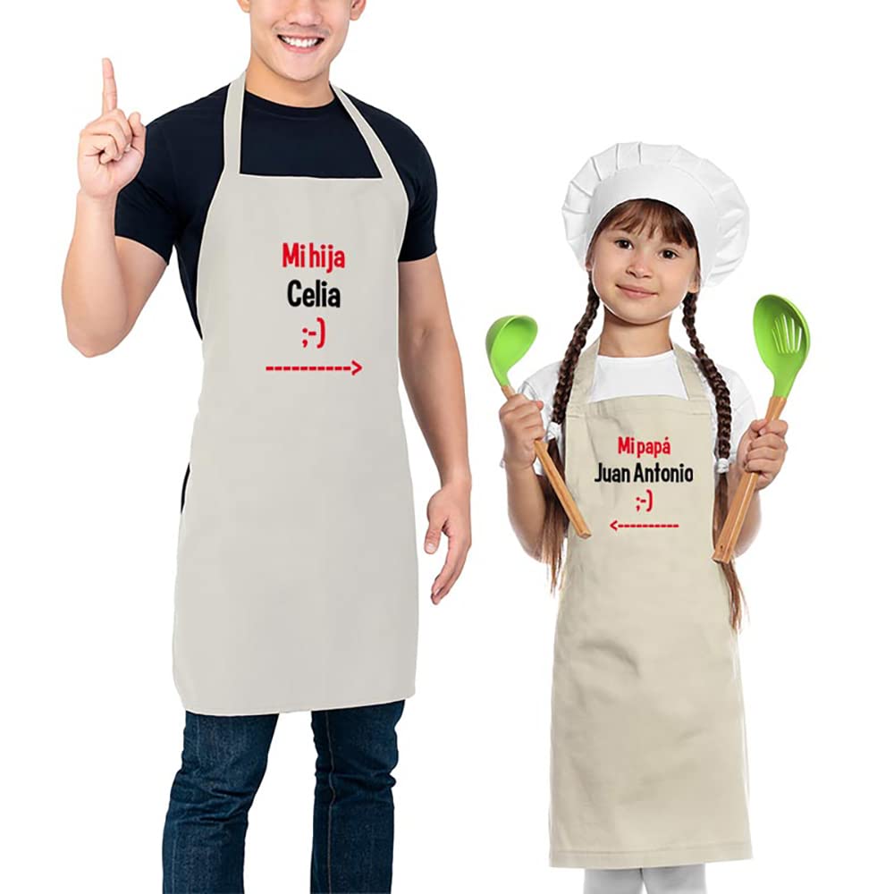 CALLE DEL REGALO Lot de tabliers de cuisine BIO pour père et fils brodés avec des noms, beige, Taille Unique