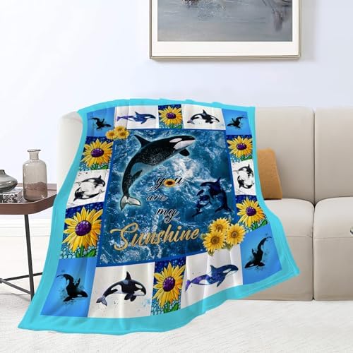 Killer Whale Blanket Orca Whales Sunflower Ocean Sea Print Throw Blankets for Couch Sofa Bed Lightweight Soft Cozy Fleece Plush Warm Flannel Bedding Blanket Gifts for Baby Girls Boys Kids 50″x60″