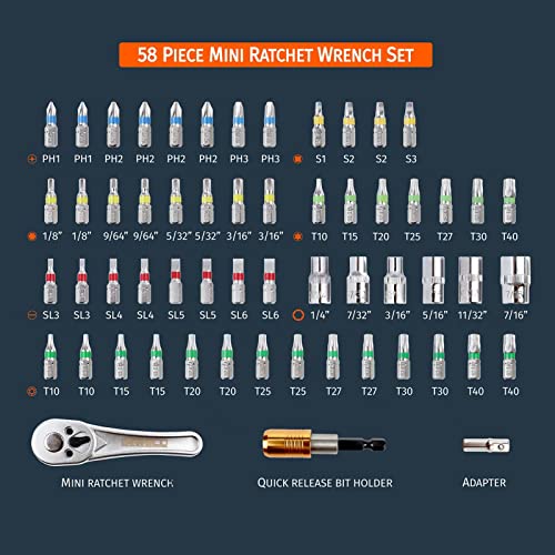 Inwell 58 Piece 1/4 Inch Drive Mini Ratchet Wrench Set,Mini Socket Set,Screwdriver Bit Set With Phillips,Slotted,Hex,Trox,Tamper Proof Torx,Quick Release Bit Holder thumb #1