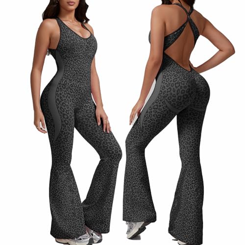 XDSP Combinaison Femme Sport Imprimé Léopard Sans Couture Dos Croisé Sans Manches Jumpsuit Élastique Moulant Une Pièce Barboteuse pour Yoga Fitness Gym...