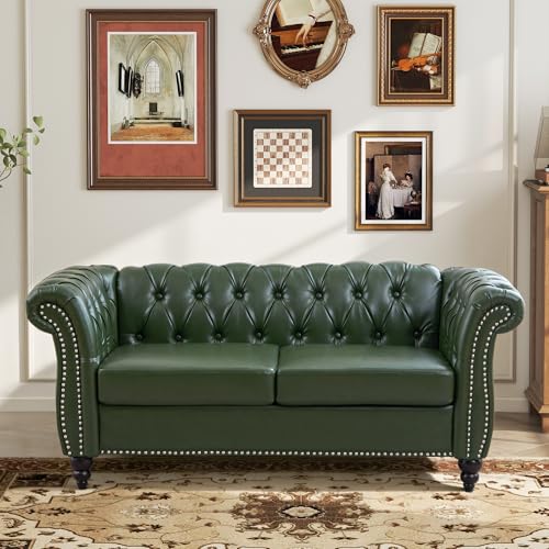 Image of LEVNARY Chesterfield Loveseat, 2 Seater Tufted Couch for Living Room, Classic Button Tufted Upholstered Sofa, Modern Mid-Century PU Leather Loveseat (Green)