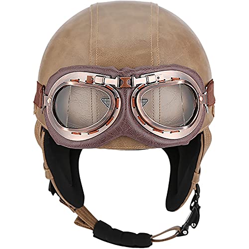 Vintage Casque De Moto Demi-Casque, Rétro Jet Moto Casque Bol ECE Homologué Respirant Braincap Avec Lunettes Coquille Casque, Pour Les Sports De Plein Air A,L 57-58 Cover