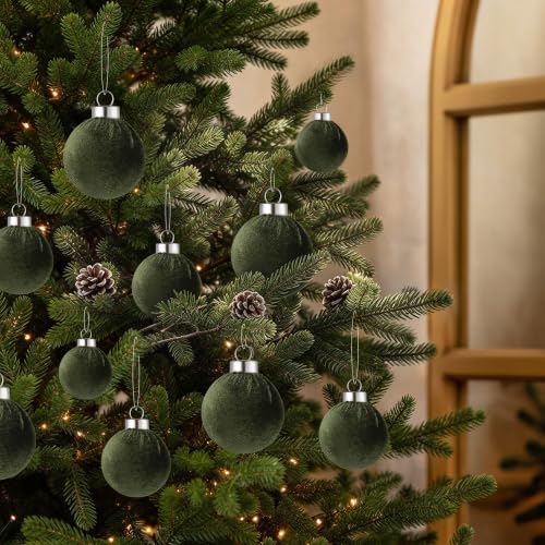 Velvet Christmas Ball Ornaments - 30pcs Flocked Christmas Ornaments Set Shatterproof Classic Hanging Xmas Tree Decorations with Rope for Wreath Holiday Home Decor (Dark Green) - image 5