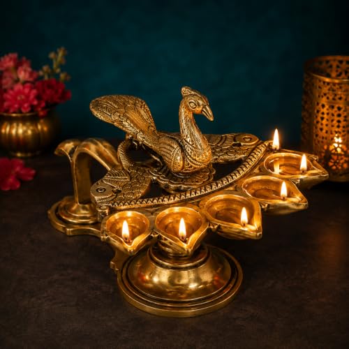 Image of Kartique Brass Peacock Panch Aarti Diya | 5 Wick Puja Deepam with Handle