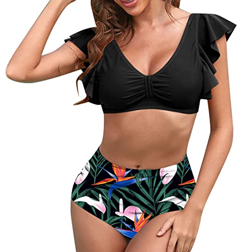 Conjunto Bikini Mujer Traje de Bikini Sexy con Cuello para Mujer con Estampado de Manga de Bikini Mujer Tiras (Black, M)