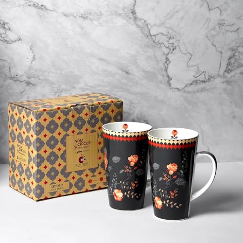 Image of India Circus Fine Elegant Design Ceramic Tall Milk Mugs for Home and Kitchen (Multicolor, 600 ml) - Set of 2 (CC20)