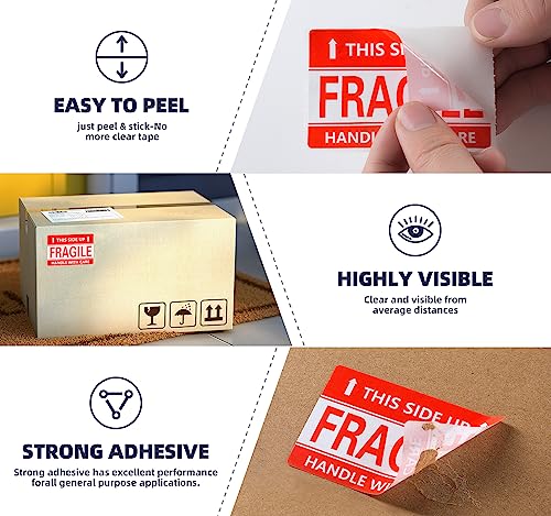 Image of 3 x 2 Inch Handle with Care This Side Up 300 Permanent Adhesive Fragile Stickers for Shipping Moving Glass Labels (1 Roll, 300 Labels)