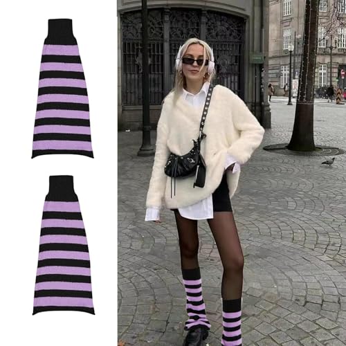 Image of Black and Purple Striped Leg Warmers for Women Girls,Y2K Leg Warmer Harajuku Fashion Knitted Leg Warmers Lolita Socks Kawaii 80s Party Accessories