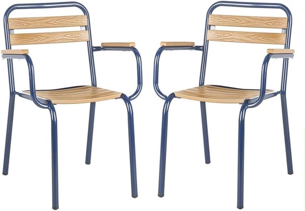 Pemberly Row Wood/Metal Patio Stackable Chairs, Navy Steel Frame with Brown Wood Seats, Weather-Resistant, 33" H x 21.7" W x 23.2" D, Set of 2, Transitional Outdoor Seating for Deck, Garden, Porch