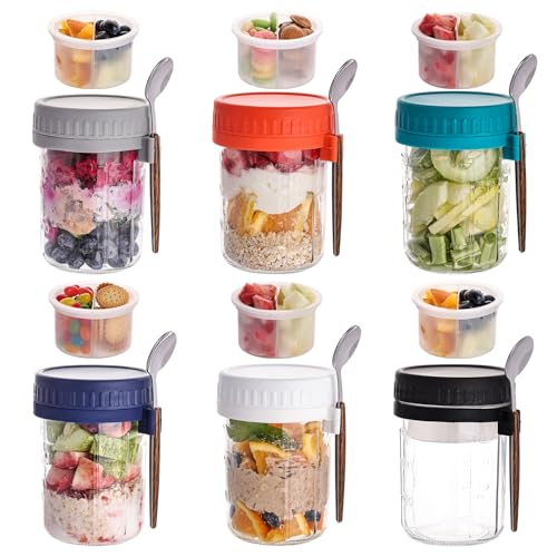 Image of 6 Pack Overnight Oats Containers with Lids and Spoons, 16 OZ Glass Mason Jars with Removable Separate Compartments, Airtight Leak Proof Oatmeal Container for Chia Pudding, Yogurt, Breakfast, Cereal