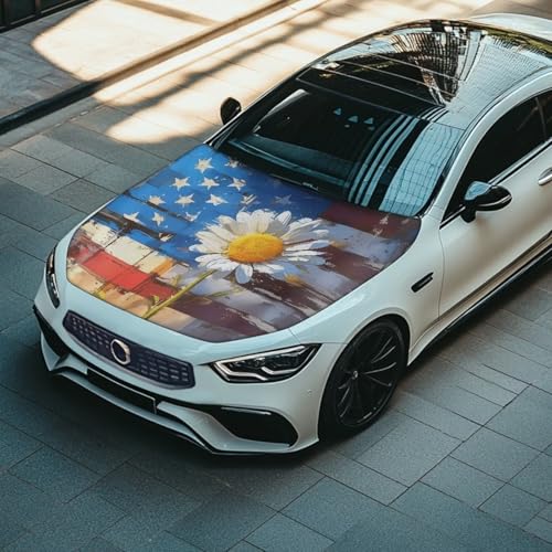 Image of Daisy American Flag Car Hood Cover, Removable Watercolor American Flag Flower Automotive Exterior Accessories Washable Elastic Car Bonnet All-Season Protection