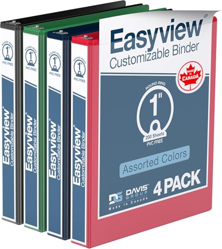 Image of Easyview Premium 3-Ring Binders with Clear-View Covers and Round Rings, Binders for School or Office, 1 Inch, Pack of 4, Classic Colors