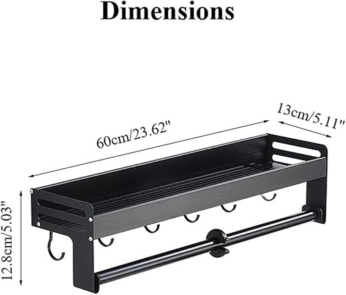 Miniatura 7 de Wall-mounted Aluminium Kitchen Shelf Multi-functional Spice Storage Rack with Towel Rod and Removable Hooks