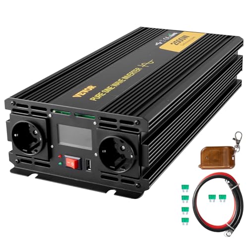 VEVOR Convertisseur Pur Sinus DC 12 V à AC 230 V, Convertisseur Sinusoïdal Pur 2500 W, Onduleur à Onde Sinusoïdale avec Écran LCD,...