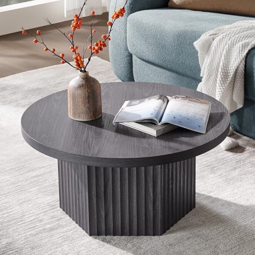 Image of SICOTAS Round Coffee Table for Living Room Fluted Center Coffee Table | with Storage Mid Century Modern 32 inch Circle Accent Tea Dining Table for Apartment, Dark Grey Alder
