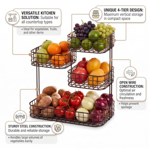 Image of 4 Tier Fruit Basket for Kitchen | Space Saving Decorative Kitchen Organizer | Multi-Layer Dining Table Organizer for Fruits, Snacks & Jars (4 Tier - Black)