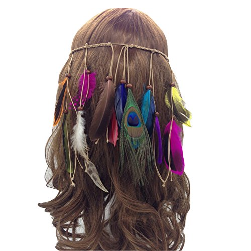 Petalum Böhmische Pfau Feder Kopfschmuck Stirnband Flechten Haar Band Stirnband Blei Seil für Abendkleider Fasching Karneval Fastnacht (C)