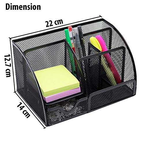 Image of Mesh Desk Organizer Office Supplies Caddy Steel Mesh Desk Organizer Supply Caddy with 6 Compartments And 1 Drawer - Black