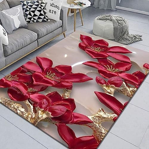 Kinderteppich, 3D-Druck, Geprägtes Rotes Blumenmuster, Kinderspielteppich, Kinderzimmer, Weicher...