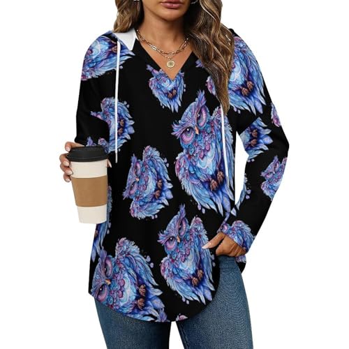 Colorful Owls Hoodies for Women V Neck Pullover Sweatshirts Long Sleeve Shirts Fashion Tops