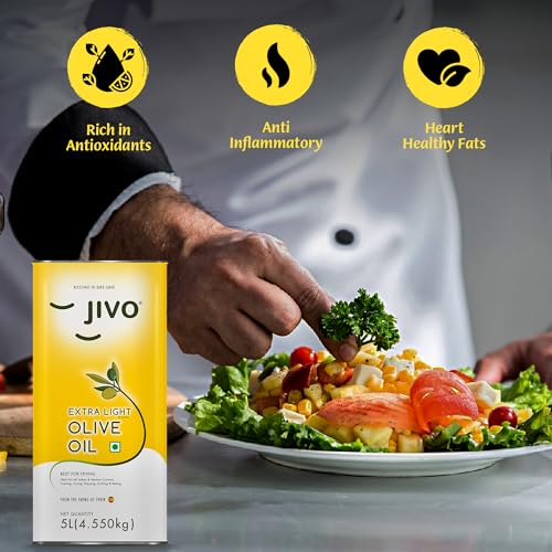 Image of Jivo Extra Light Olive Oil 5 Litre TIN | Imported from Spain | Recommendable Daily Cooking for Roasting, Frying, Baking All type of Cuisines| Low Saturated Fat, Low Saturated Fat | (Pack of 3)