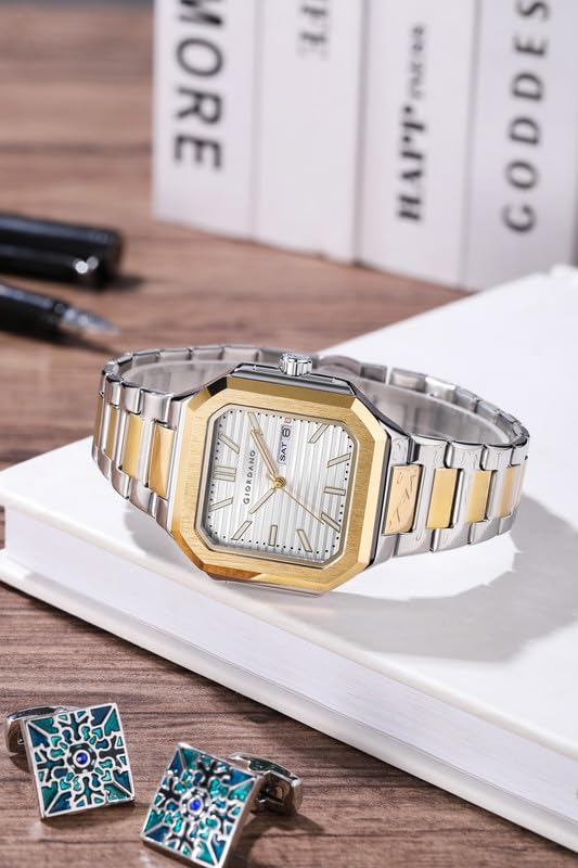 Image of Giordano Square Formal Watch for Men - Textured Dial,Day & Date Display and Stylish Stainless Steel Strap