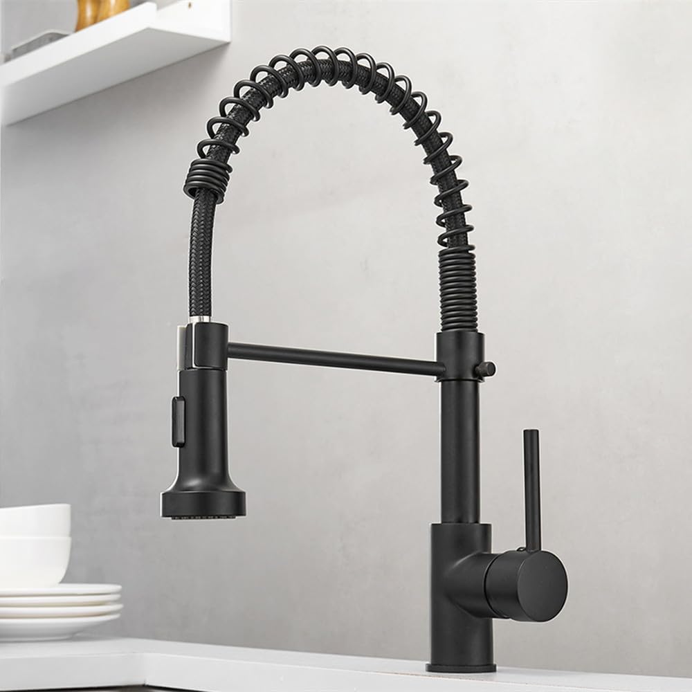 Mitigeur de cuisine noir mat avec douchette extractible, robinet à ressort