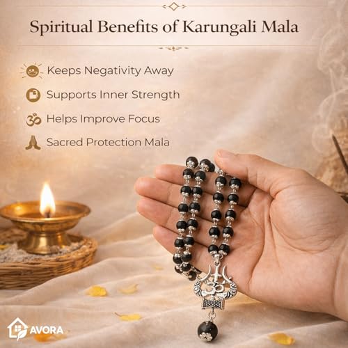 Image of AVORA Karungali Malai Original 54 Beads with Om Shiv Trishul Pendant | Ebony Karungali Mala for Meditation, Japa & Spiritual Protection | Divine Hindu Mala for Men & Women