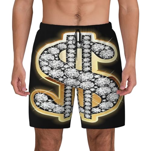 Gold Dollar Sign Print Mens Swim Trunks Quick Dry Board Shorts Mesh Lining, Breathable Beach Surf Shorts
