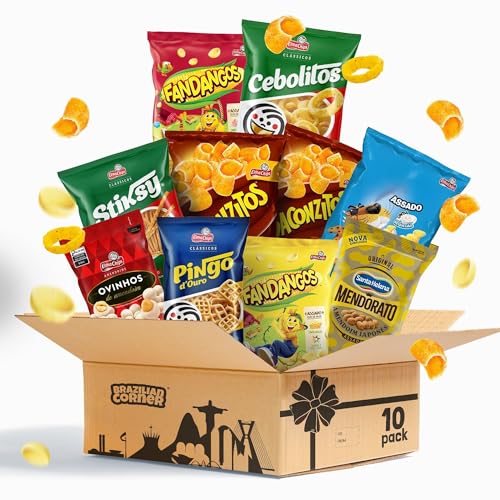 Brazilian Party Mix Variety Pack [Pack of 10], Classic Snacks from Brazil, 10 Count 1.23 oz Bags | Fandangos Corn Chips (Ham, Cheese), Cebolitos, Baconzitos, Mendorato, Ovinhos Amendoim & Pingo D'Ouro | Packaging May Vary