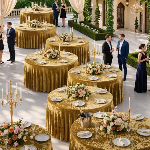 Htper 6 Pack Gold Velvet Round Table Cloths for 60 inch Table, Stretchy 120 inch Spandex Round Tablecloths, Washable Fitted Round Table Covers for Wedding Birthday Parties Banquet