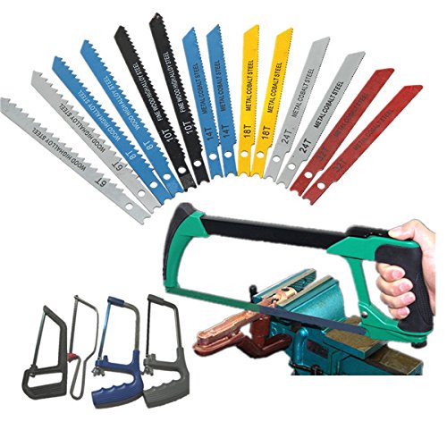 A collection of MYAMIA U-mount jigsaw blades fanned out, with a jigsaw frame and handle in the foreground, demonstrating the type of tool these blades are used with.
