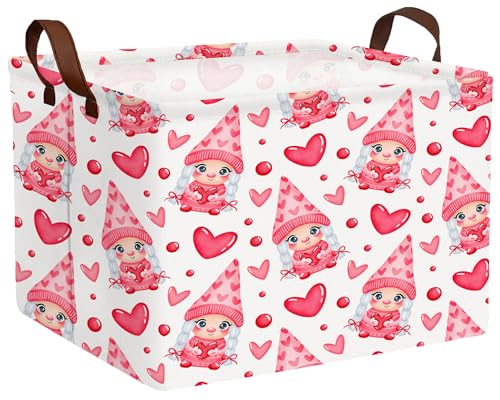Image of Valentines Day Basket for Kids Heart Shaped Empty Storage Bins for Gifts with Handles Room Decor (Pink Girl Gnome Hug Love)