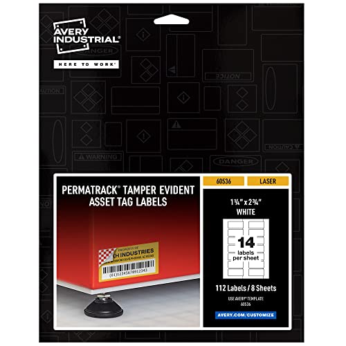 Image of Avery White Asset Tag Labels, 1-1 /4 inch x 2-3 /4 inch, Tamper-Evident Laser Printable Tags, 112 Waterproof Labels (60536)