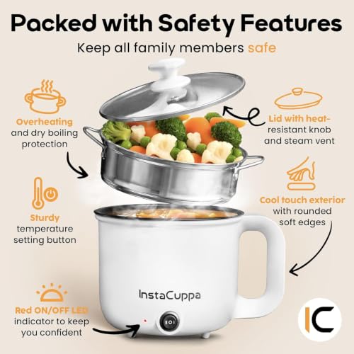 Image of InstaCuppa 3-in-1 Multi Cook Kettle with Steamer, 1.2 L Inner Pot, Adjustable Temperature Settings, Wide Mouth, Ideal for Boiling Milk, Tea, Coffee, Eggs & Steaming Veggies, 600 Watts