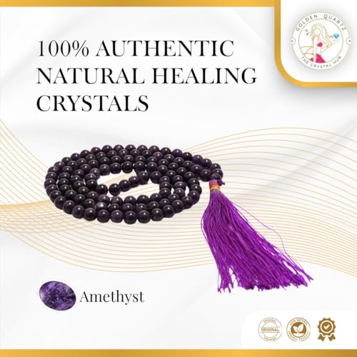 Image of Dark Purple Violet Amethyst Mala Natural Crystal Gemstone 8mm 108 Beads Jap Mala for Meditation, Pooja, Chanting, Wearing (8mm, Amethyst)
