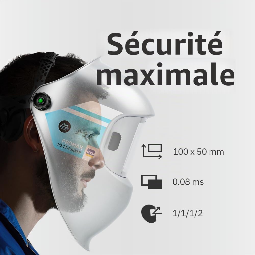 GYS, Masque de Soudage LCD PROMAX 3/5-13 G SILVER True Color, Teinte 3/5>13, Champ de Vision 100x50mm, Assombrissement Auto 0,08ms, Classe Optique 1/1/1/2, pour MMA, TIG, MIG/MAG & Meulage