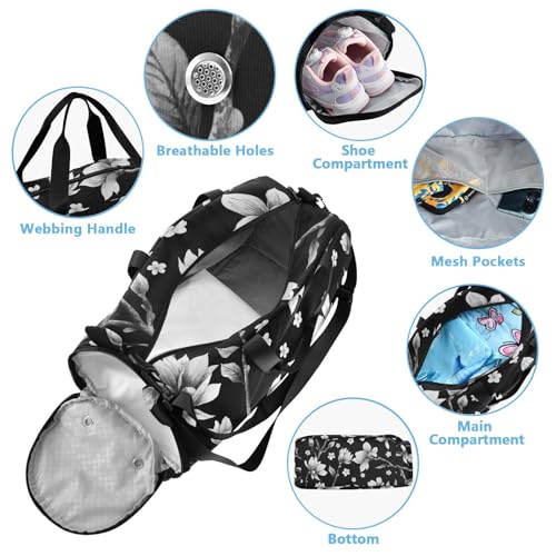 Black and White Magnolia Flowers Duffel Bags for Boys Small Gym Bags for Teens Dance Bag for Girls4