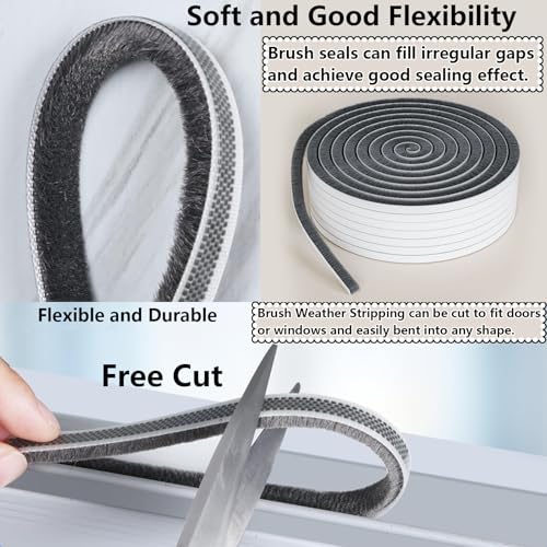 Image of Brush Weather Stripping 0.2in(T) x 0.4in(W) x 33FT Grey Door Seal Strip for Door Frame, Sliding Glass Door Draft Stopper Window Soundproofing Bristle Door Sweep Weatherstripping