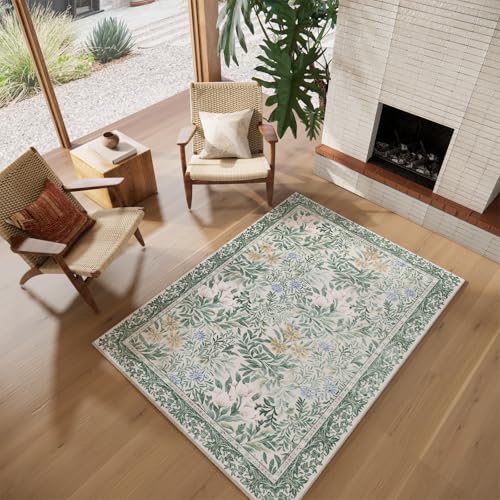 Image of Botanical Floral Area Rug 4x6 Light Green Cream Vintage Garden Design, Perfect for Living Room, Bedroom, Kids Room, Nursery - Stain & Water Resistant Non-Slip, Pet & Child Friendly Area Rugs